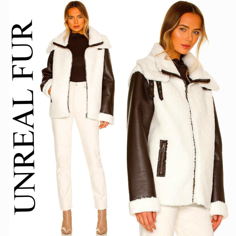 💥HOT ITEM💥Symbiosis Leather Shearling Aviator Jacket in Chocolate & White